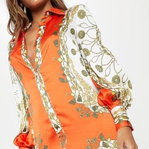 ORANGE CHAIN PRINT FRILL HEM SHIRT DRESS